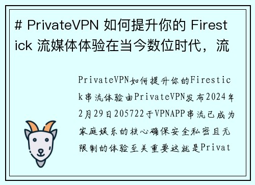 # PrivateVPN 如何提升你的 Firestick 流媒体体验在当今数位时代，流媒体已成